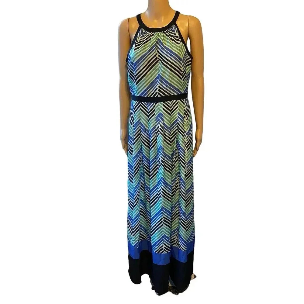 Dressy Ann Taylor Mint Green Black White Chevron Maxi Dress Sleeveless Sz6 Tall